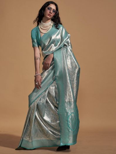 Lovely Turquoise Zari Woven Silk Party Wear Saree With Blouse