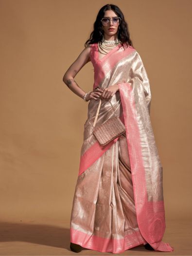 Captivating Cream & Peach Zari Weaving Silk Saree With Blouse