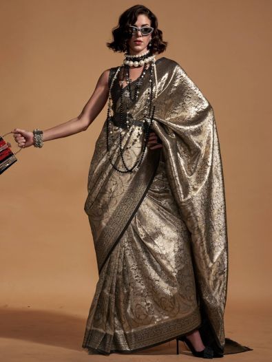 Fantastical Golden & Black Zari Weaving Silk Saree With Blouse
