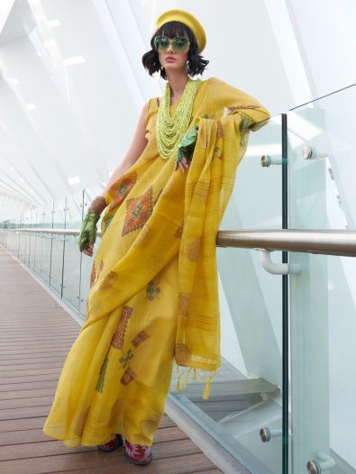 Beautiful Yellow Zari Work Tissue Festive Wear Saree With Blouse
