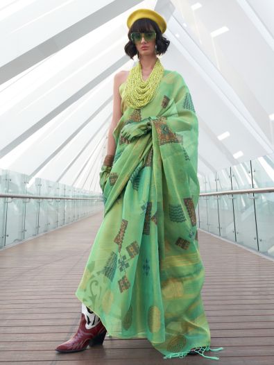 Charming Green Zari Work Tissue Festive Wear Saree With Blouse