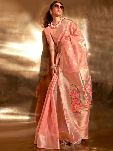 Lovable Peach Handwoven Tissue Silk Party Wear Saree