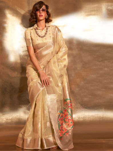 Charming Golden Handwoven Tissue Fabric Party Wear Saree