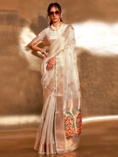 Adorable Off-White Handwoven Tissue Fabric Events Wear Saree