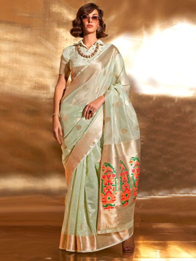 Attractive Green Handwoven Tissue Fabric Saree With Blouse