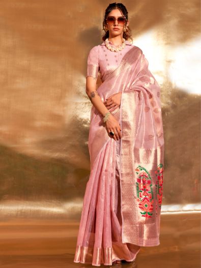 Stunning Pink Handwoven Tissue Fabric Festive Wear Saree
