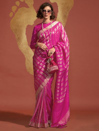 Lovely Pink Handloom Weaving Viscose Saree With Blouse