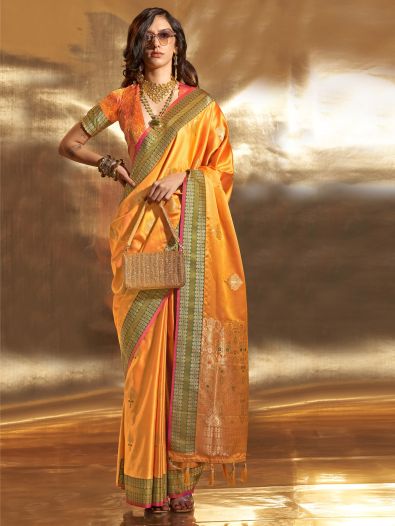 Stunning Yellow Handloom Weaving Satin Traditional Saree