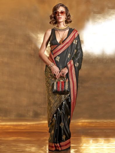 Gorgeous Black Handloom Weaving Satin Party Wear Saree