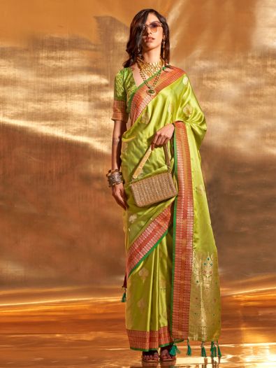 Beautiful Green Handloom Weaving Satin Sangeet Wear Saree