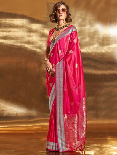 Lovely Pink Handloom Weaving Satin Reception Wear Saree With Blouse