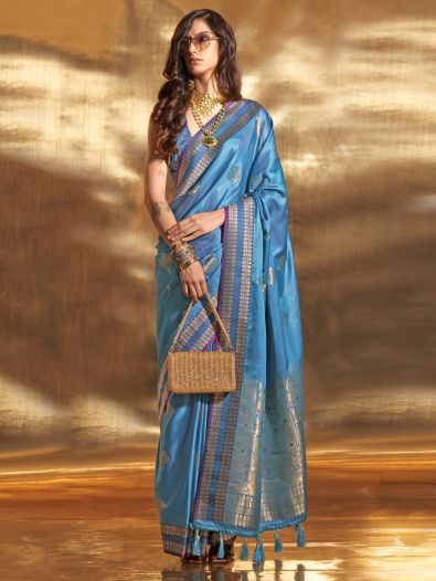 Superb Blue Handloom Weaving Satin Festive Wear Saree With Blouse