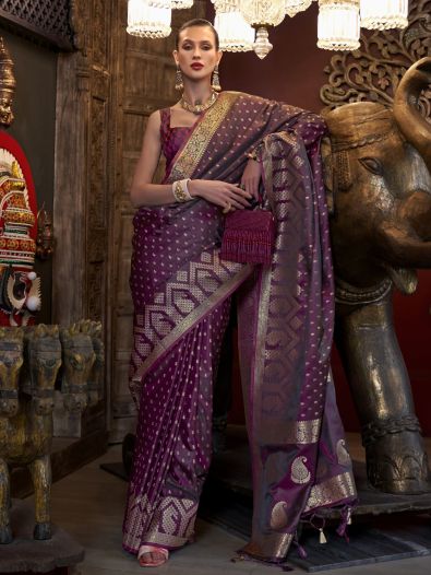 Spectacular Purple Handloom Weaving Satin Festive Wear Saree