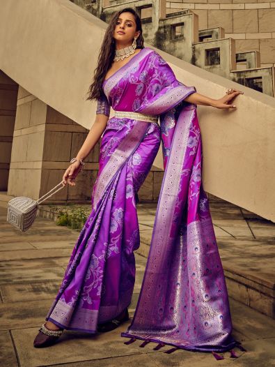 Ravishing Purple Zari Weaving Satin Festive Wear Saree With Blouse