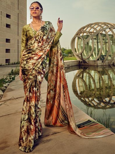 Amazing Multi-Color Digital Printed Satin Saree With Blouse