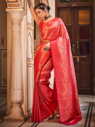 Superb Red Handloom Weaving Silk Festive Wear Saree With Blouse
