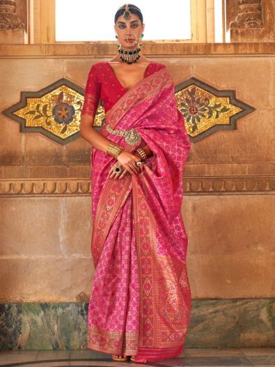 Amazing Pink Weaving Silk Wedding Wear Saree With Blouse