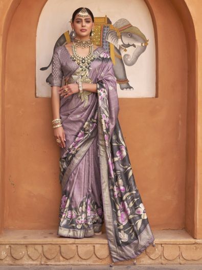 Stunning Purple Floral Printed Silk Wedding Wear Saree With Blouse