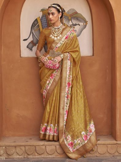 Fetching Mustard Yellow Floral Printed Silk Saree With Blouse