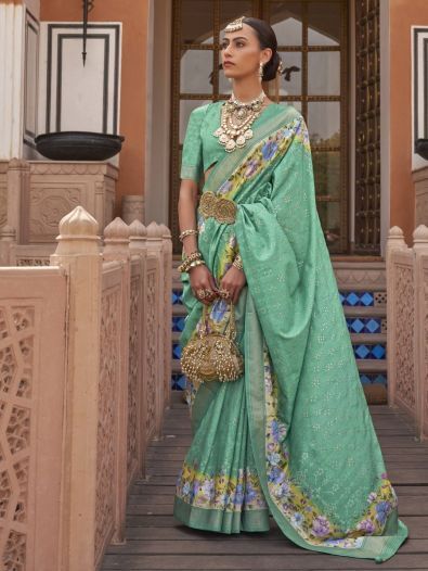 Fancified Aqua Green Floral Printed Function Wear Saree With Blouse