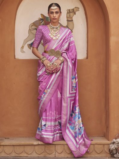 Wonderful Pink Floral Print Silk Engagement Wear Saree With Blouse