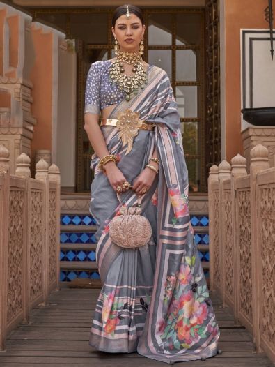 Classic Grey Floral Print Silk Party Wear Saree With Blouse