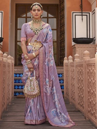 Astonishing Lavender Floral Printed Silk Saree With Blouse