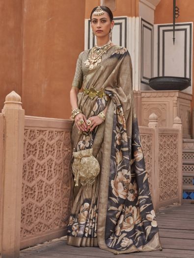Attractive Brown Floral Print Silk Party Wear Saree With Blouse