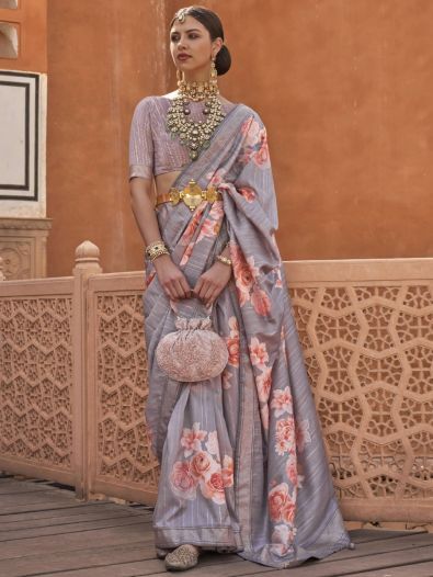 Beautiful Grey Floral Printed Silk Party Wear Saree With Blouse