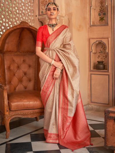 Stunning Beige Zari Weaving Silk Wedding Wear Saree With Blouse