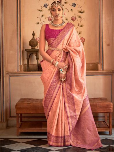 Lovely Peach Zari Weaving Silk Sangeet Wear Saree With Blouse