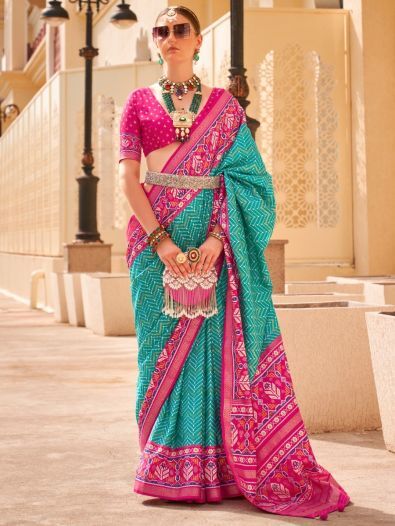 Marvelous Teal Green Digital Printed Silk Saree With Blouse