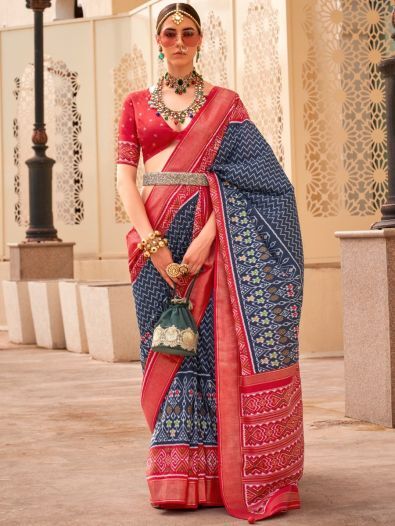 Remarkable Navy-Blue Digital Printed Silk Saree With Blouse