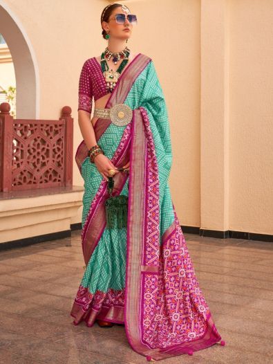 Alluring Teal Green Digital Printed Silk Saree With Blouse