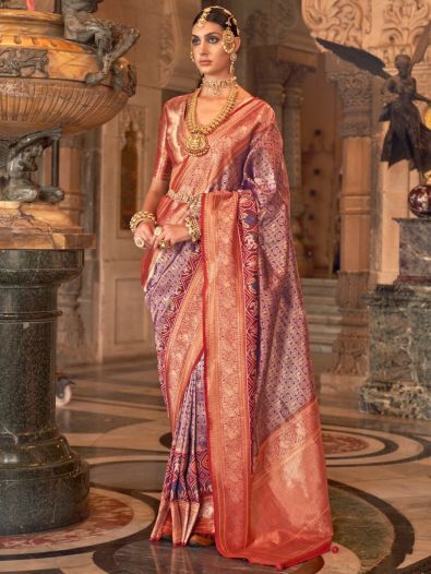 Fabulous Blue & Red Zari Weaving Silk Wedding Wear Saree