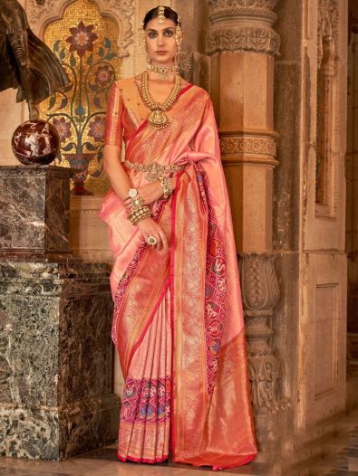 Adorable Peach Zari Weaving Silk Wedding Wear Saree With Blouse