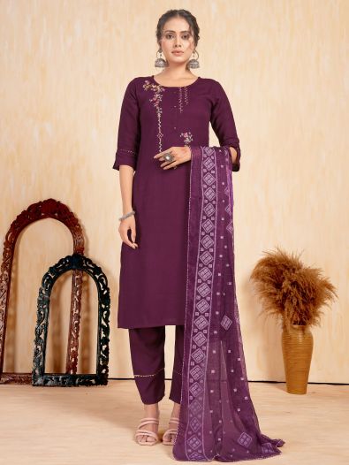 Lovely Wine Embroidered Rayon Events Wear Pant Suit With Dupatta