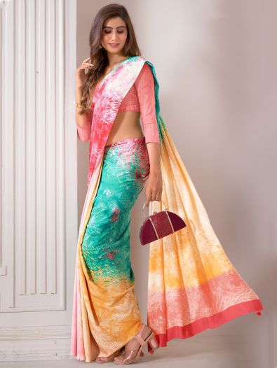 Spectacular Multi-Color Digital Printed Satin Party Wear Saree