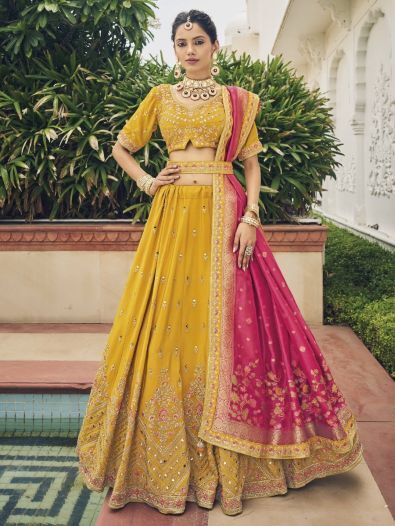Beautiful Yellow Embroidered Silk Haldi Wear Lehenga Choli With Dupatta