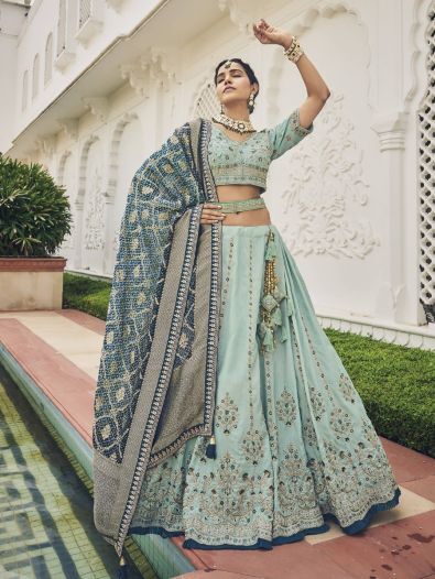 Glamorous Sky-Blue Embroidered Silk Bridesmaid Wear Lehenga Choli
