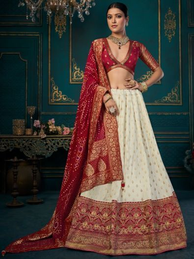 Marvelous Off-White Khatli Work Silk Wedding Wear Lehenga Choli