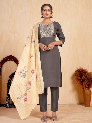 Enticing Grey Embroidered Silk Readymade Pant Suit With Dupatta
