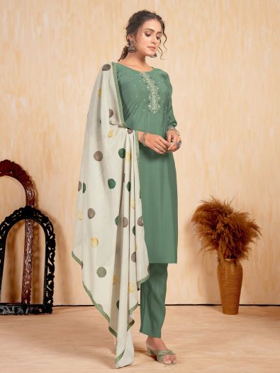 Amazing Green Embroidered Silk Festive Wear Pant Suit With Dupatta