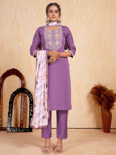 Unique Purple Embroidered Silk Readymade Pant Suit With Dupatta