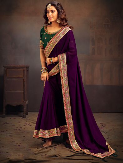 Charming Purple Heavy Border Silk Reception Wear Saree With Blouse