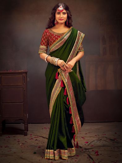 Stunning Olive Green Heavy Border Silk Mehendi Wear Saree With Blouse