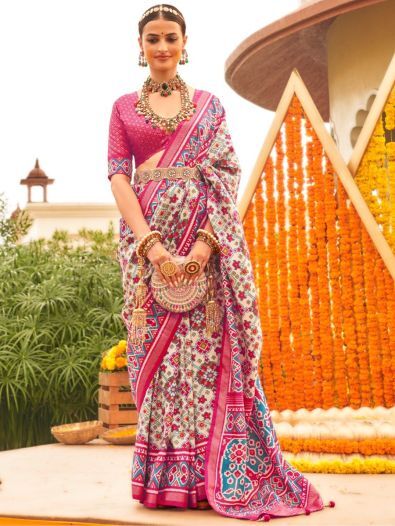 Lovely Off-White & Pink Patola Printed Silk Saree With Blouse
