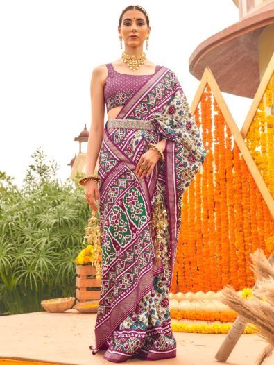 Beautiful Off-White & Purple Patola Printed Silk Events Wear Saree