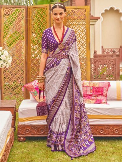 Alluring Grey Patola Printed Silk Wedding Wear Saree With Blouse
