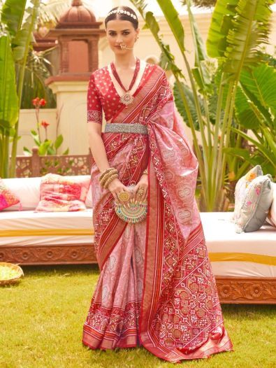 Lovely Pink Patola Printed Silk Traditional Saree With Blouse